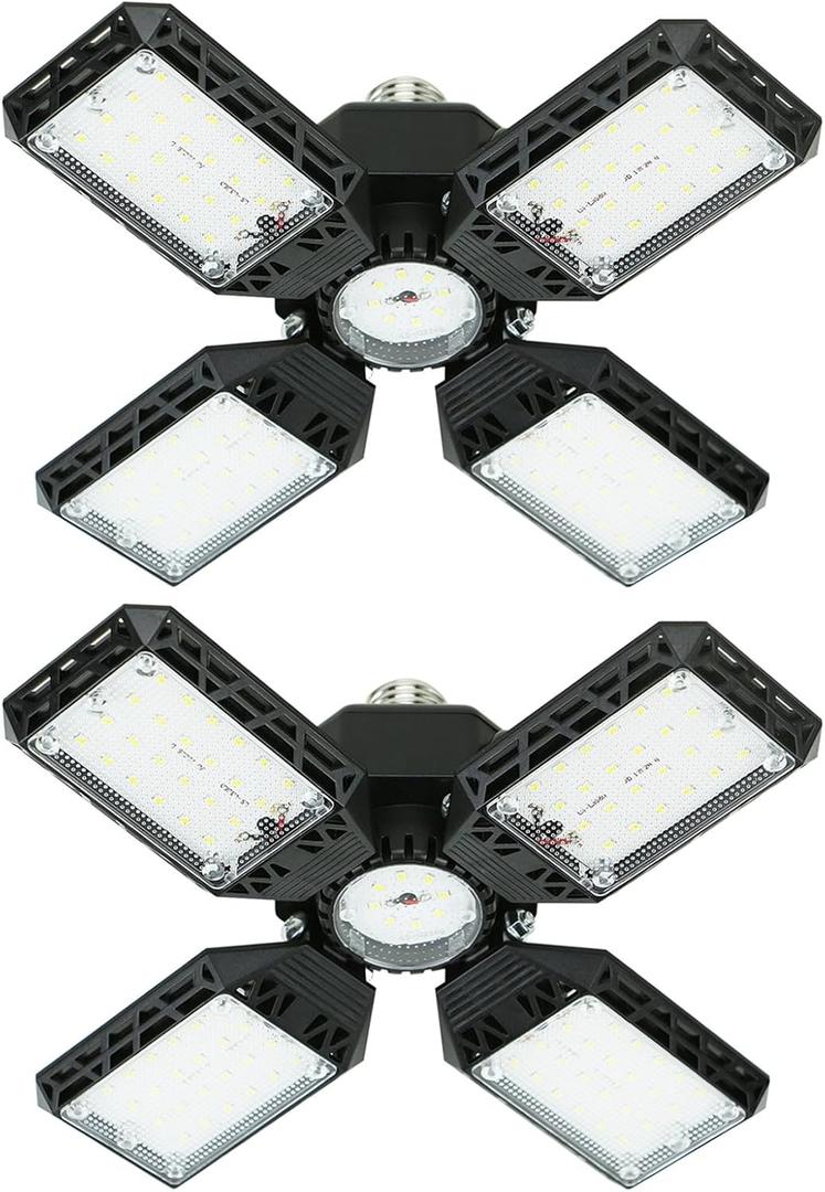 2-Pack LED Garage Light, 150W Deformable LED Ceiling Lights, 15000LM Garage Lighting with 4 Adjustable Panels, E26/E27 Shop Lights for Basement, Workshop, Attic