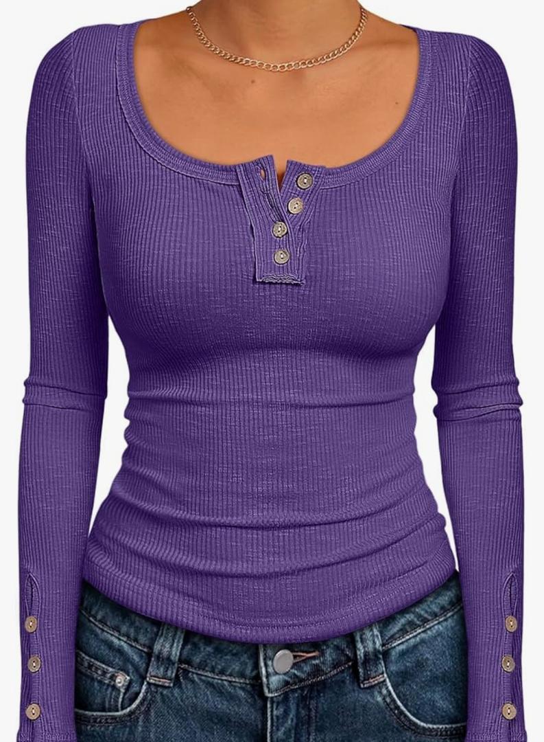Kissfix Long Sleeve Shirts for Women Fall Winter Henley Tops Business Casual Ribbed Blouses Date Night Trendy Outfits, S
