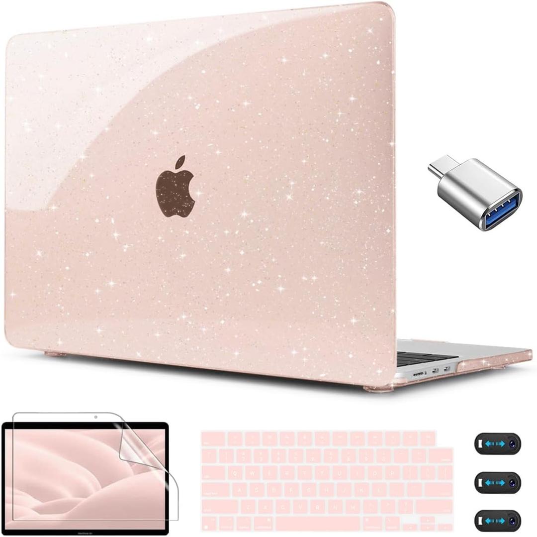 CISSOOK Cherry Pink Glitter Case for MacBook Air 13.6 inch 2025 2024 2022 Released A3240 A3113 A2681, Bling Hard Shell Case with Keyboard Cover & Screen Protector for MacBook Air 13 M2 M3 M4