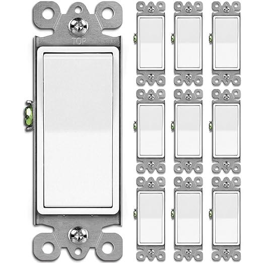 BESTTEN 10 Pack Single Pole Decorator Light Switch with Wallplate, 15A 120/277V, Rocker Paddle Wall Switch, On/Off Interrupter for LED and Other Lamps