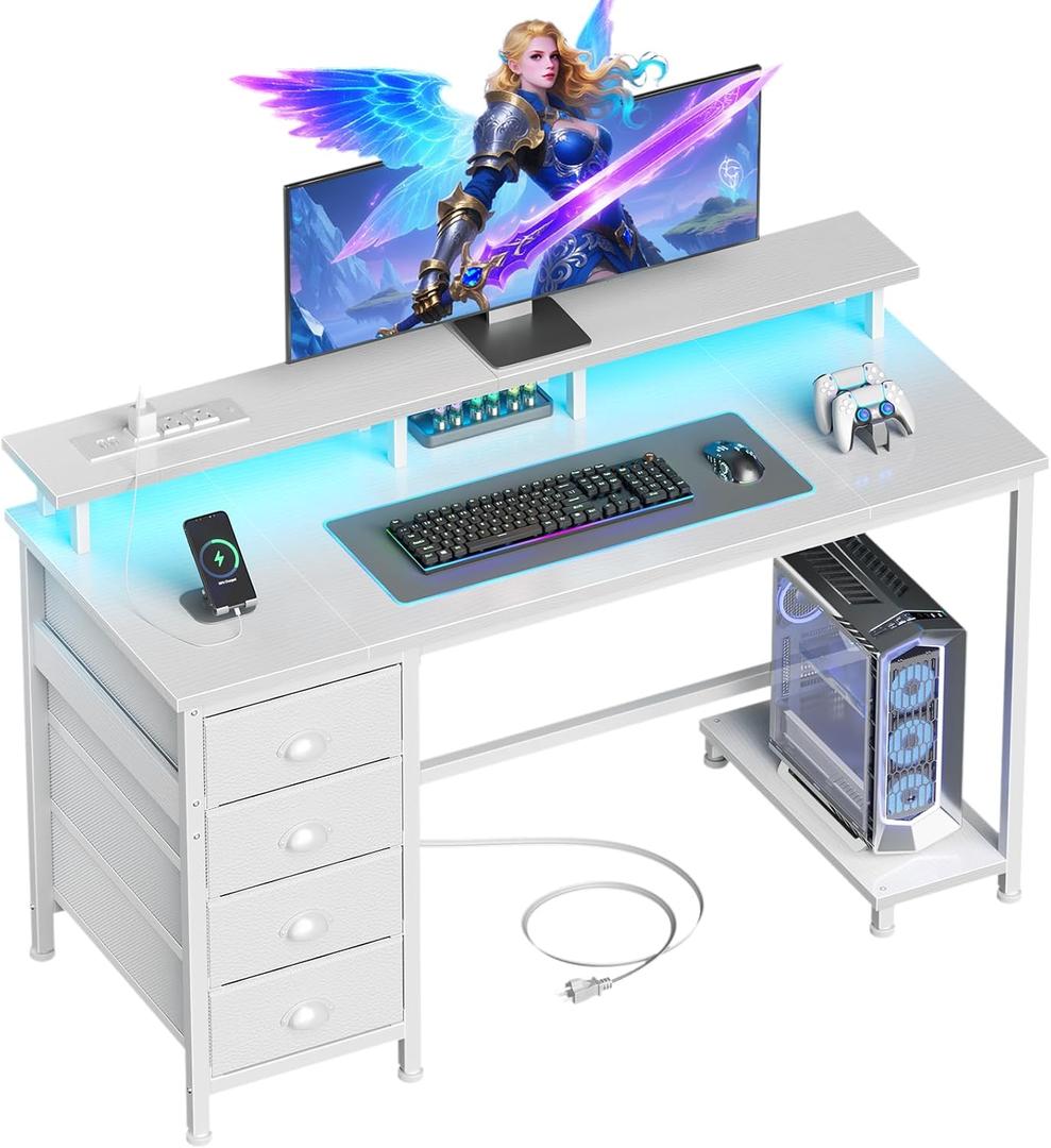 Furologee 47" White Computer Desk with 4 Fabric Drawers & Monitor Stand, Gaming Desk with Power Outlets - LED Lights, Home Office Space-Saving Study Table for Bedroom Small Spaces