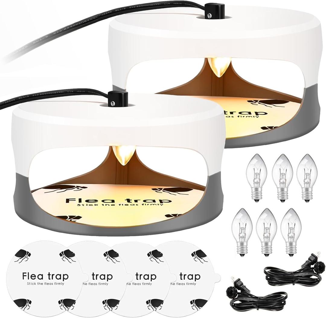Flea Traps for Inside Your Home 2 Packs, Flea Light Trap for Indoor, Bed Bug Killer with Sticky Pads & Light Bulb Replacement, Natural Fleas Insect Infestation Treatment Trap (White+Grey)