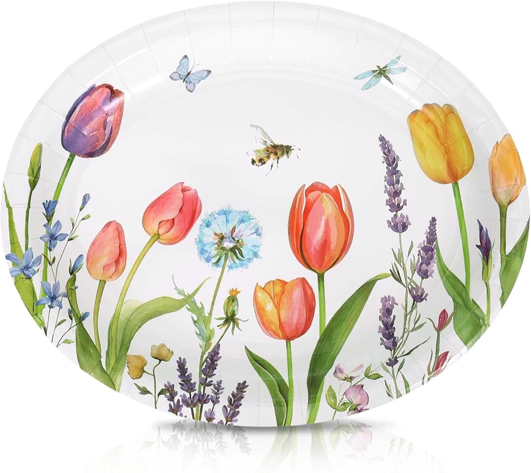 50Pcs Lavender Tulip Oval Paper Plates Large Disposable Heavy Duty Spring Summer Blooming Floral Dinner Dessert Paper Platters for Mom Mother's Day Baby Bridal Shower Party