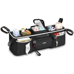 YOREPEK Heavy Duty Double Stroller Organizer for Bob Duallie, Baby Jogger City Mini GT2 and Jeep,Stroller Caddy with Detachable Cooler Bag and Handbag,Stroller Storage Attachment for Baby Accessories (Black)