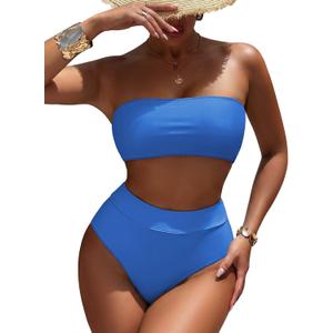 Pink Queen Women's High Waist Bikini Set Removable Strap Bandeau Two Piece Swimsuit Bathing Suit, Blue, L