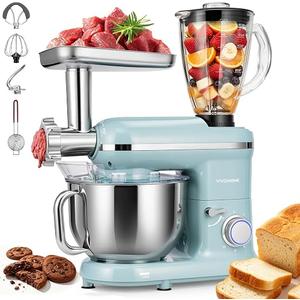 VIVOHOME 3-in-1 Stand Mixer, 6-Quart Tilt-Head Mixer, 10 Speeds, Blue
Meat Grinder & Glass Blender Jar, Stainless Steel Bowl, Dough Hook, Beater, Whisk, Splash Guard, Egg Separator