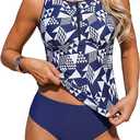 ZAFUL Womens Tummy Control Tankini Swimsuits Two Piece Bathing Suit Zip Neck Modest Swimwear with High Waisted Bottom, M