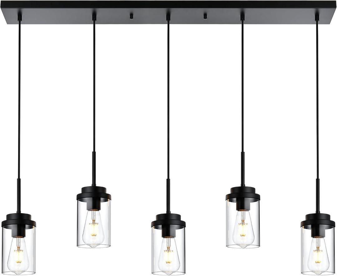 MELUCEE Kitchen Island Lighting Modern 5 Lights Linear Chandeliers for Dining Room, Industrial Black Pendant Light Fixtures Ceiling Hanging with Clear Glass Shade, 37 Inches Length