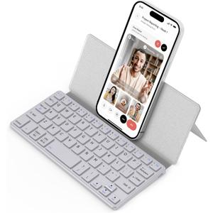 CACOE Wireless Keyboard with Stand, Mini Keyboard for Cell Phone, Ultra-Slim Portable, Foldable, Dual-Channel QWERTY with Stand Holder for Smartphone and More iOS Android Windows, Grey