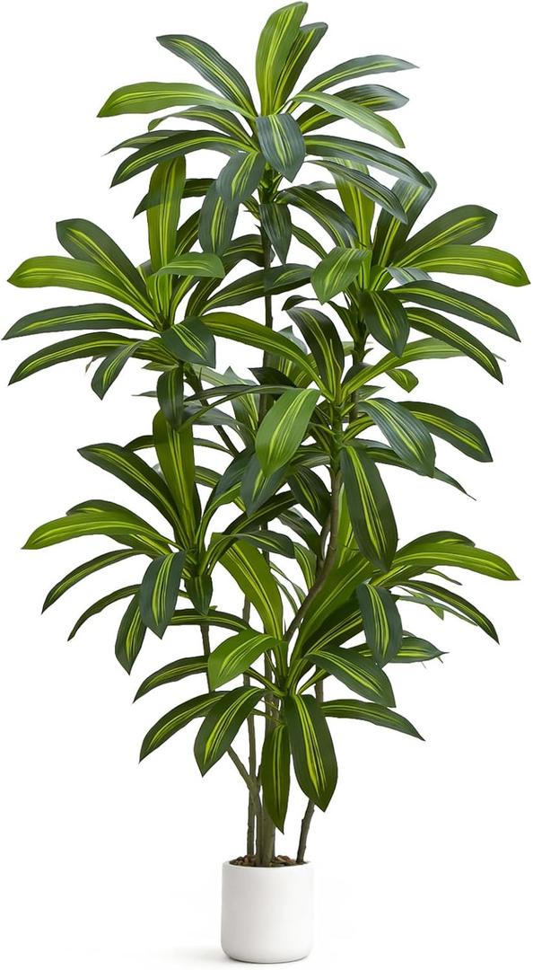 UPBUD Artificial Dracaena Tree, 6FT Tall Fake Plant, Faux Yucca Floor Plant | Fake Dracaena Tree with White Planter, Artificial Tropical Silk Plants For Outdoor Indoor House Living Room Office Decor