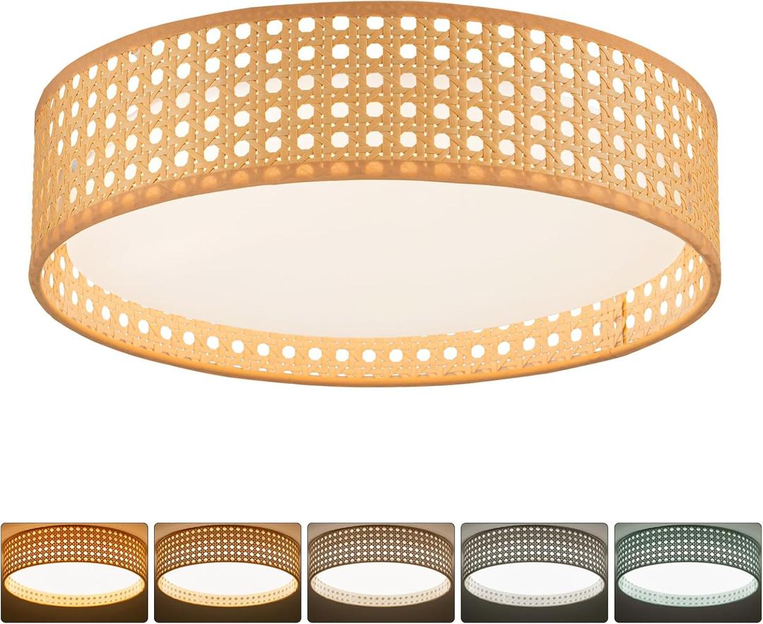 SineRise 12.8" Modern Flush Mount Ceiling Light Fixture with Remote Control,24W 5CCT Dimmable Rattan Ceiling Light 2700K-6000K Adjustable Boho Ceiling Light for Bedroom Livingroom Kitchen Hallway (Yellow)