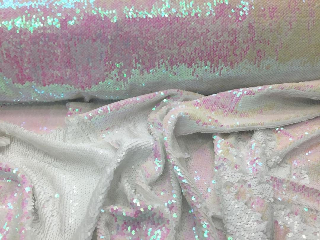 White/pink Hologram Mermaid Fish Scales-2 Way Stretch Lycra-2 Tone Sequins
