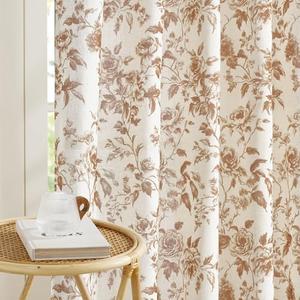NICETOWN Linen Floral Curtains for Bedroom, Linen Blend Semi Sheer Drapes with Yellow Brown Botanical Peony Print, Back Tab & Rod Pocket Privacy Nature-Inspired Home Decor, W52 x L90 in, 2 Panels