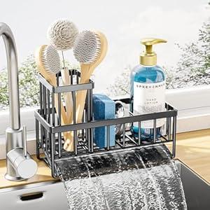 Kitsure Sponge Holder for Kitchen Sink - Rustproof Stainless Steel Sink Caddy Organization and Storage Essentials with High Brush Holder, Home Decor Accessories, 7.9" x 3.7" x 6.2", Black Kitsure Sponge Holder for Kitchen Sink - Rustproof Stainless Steel Sink Caddy Organization and Storage Essentials with High Brush Holder, Home Decor Accessories, 7.9" x 3.7" x 6.2", Black
