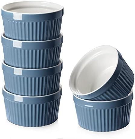 DOWAN 8 oz Porcelain Ramekins Bowls for Souffle, Creme Brulee, Classic Style Ramekins for Baking Oven Safe, Set of 6, Airy Blue