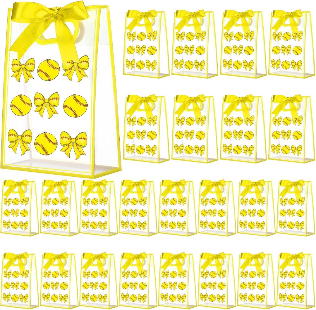 Sunnymove 36 Pcs Cheer Clear Plastic Gift Bags with Handles 10 x 7 x 3.1 Inch Reusable Clear Goodie Snack Treat Gift Bags with Ribbon for Cheerleader Teammates Sport Party Supplies (Softball Bow)