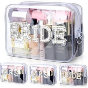 Etercycle Bride Clear Makeup Bag, Bridal Shower Gifts Engagement Cosmetic Bag, Bling Pearl Rhinestone Letter Patches Waterproof PVC Travel Organizer for Women Wedding Bachelorette Party(Silver)