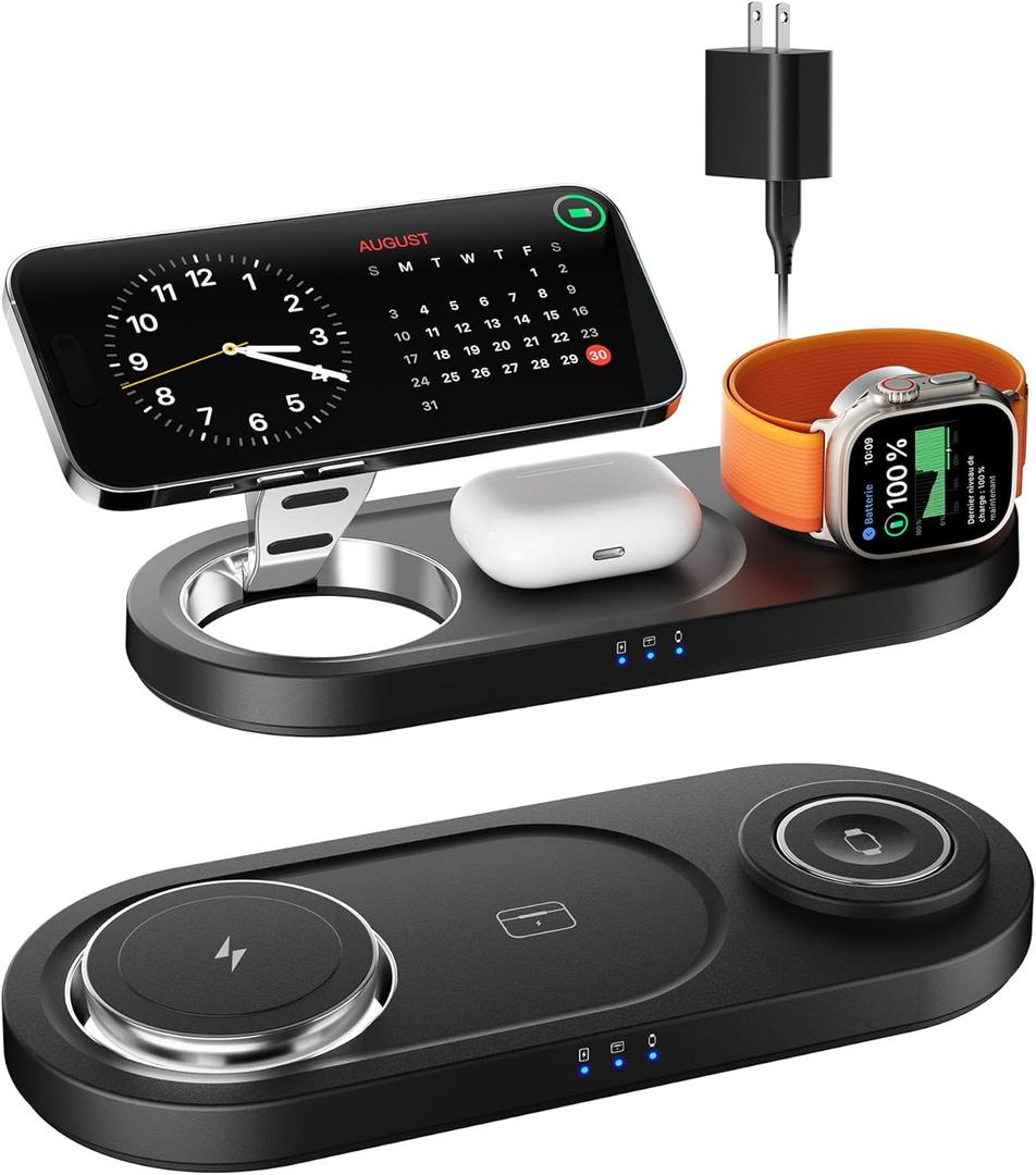 Upgraded 3 in 1 Wireless Charger, Nano Magnetic iPhone Charging Station for Apple Devices, Fast Mag Safe Charging Pad for iPhone 16/15/14/13/12 Series & AirPods Pro & Apple Watch Series, Black