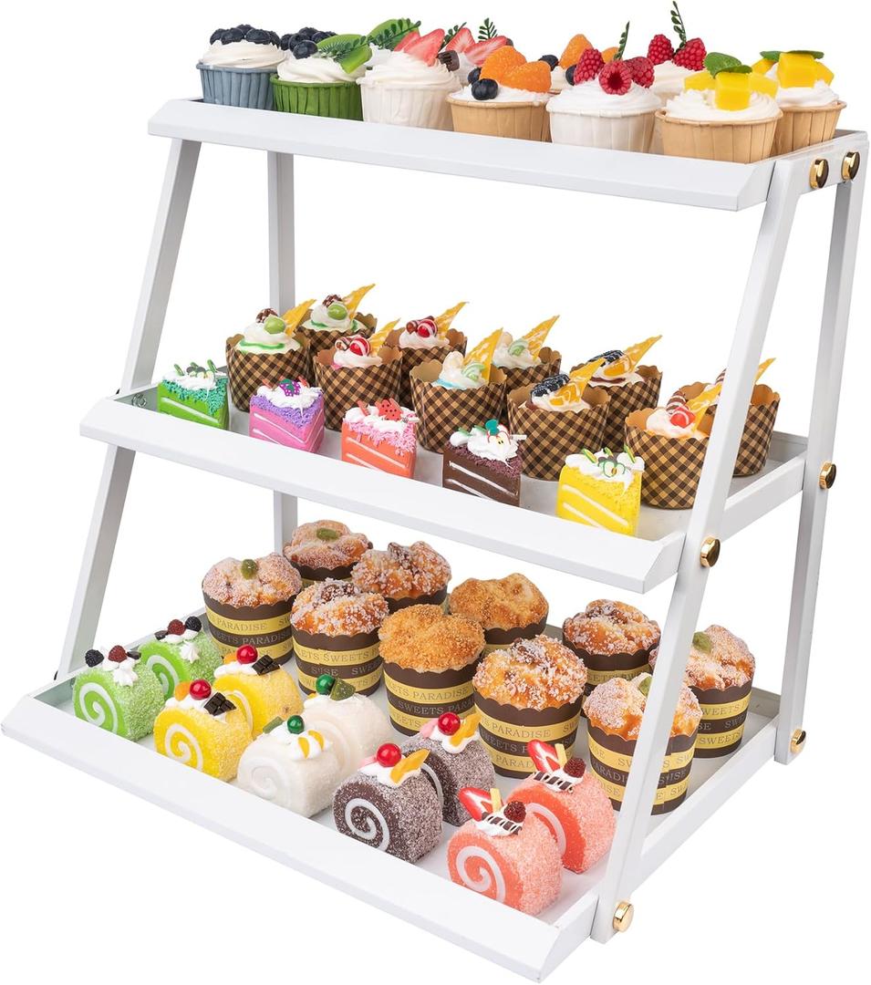 WWN Stainless Steel 3 Tier Cupcake Stand with Pink Coating - Elegant Dessert Tower- Cookie Tray Rack- Tea Party Serving Platter- Easy Assembly Pink Cake Stand for Wedding Baby Shower (crisp white)