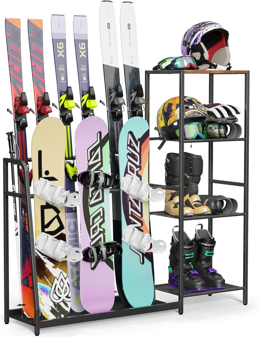 Freestanding Snowboard Rack - 4 Pair Ski, 3 Pack Snowboard, Boot, Pole, Goggles, Helmet Rack for Garage, Shed, Basement