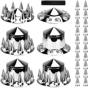 Aeagle Axle Cover Combo Kits for Semi Truck Hubs w/Screw-On 33mm Lug Nut, Spike ABS Plastic Chrome Plated, 2 Front & 4 Rear, 10 Hole Removable Caps, 6Pcs, Spiked Front & Rear Wheel Cover-6pcs