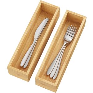 BAMEOS Kitchen Drawer Organizer,Small Silverware Drawer Organizer,Bamboo Utensil Organizer for Bathroom, Dressing Room, Office, Pantry (Natural, 11"x 3") Set of 2
