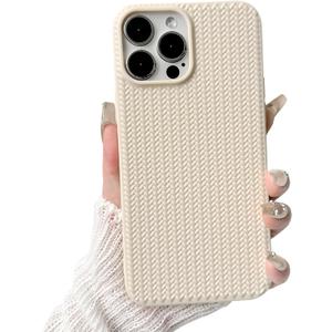 NITITOP Compatible for iPhone 15 Pro Max Case Cute for Women Girls Woven Pattern Braid Design Solid Color Soft Silicone Shockproof Cover - Apricot White