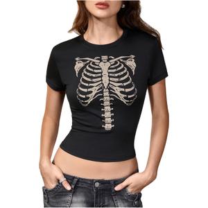 Women's Retro Gothic Skeleton Graphic Tees Y2K Vintage Short Sleeve Crop Tops Crew Neck Summer T Shirts (Black, L)