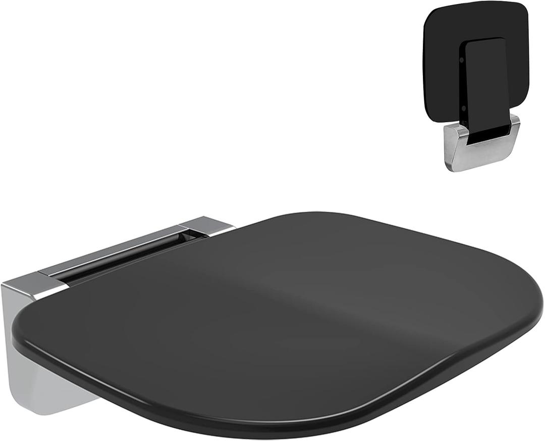 Folding Shower Chair Wall Mounted Fold Down Shower Seat 400 LB Capacity Foldable Shower Bench Seats for Adults Elderly Disabled Black (Medium-Curve)