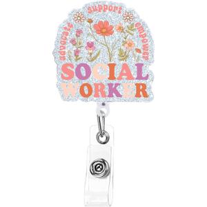 Social Worker Badge Reel, Cute Floral ID Badge Holder SW Work Appreciation Gift, Retractable Acrylic Badge with Alligator Clip Gift for Work Retirement Graduation