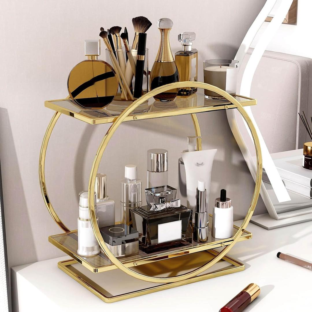 YIWANFW Perfume Organizer for Dresser, 2 Tier Bathroom Counter Organizers and Storage, Gold Makeup Organizer for Vanity, Bathroom Accessories & Decor, Skincare Perfume Trays Cosmetic Display Holder