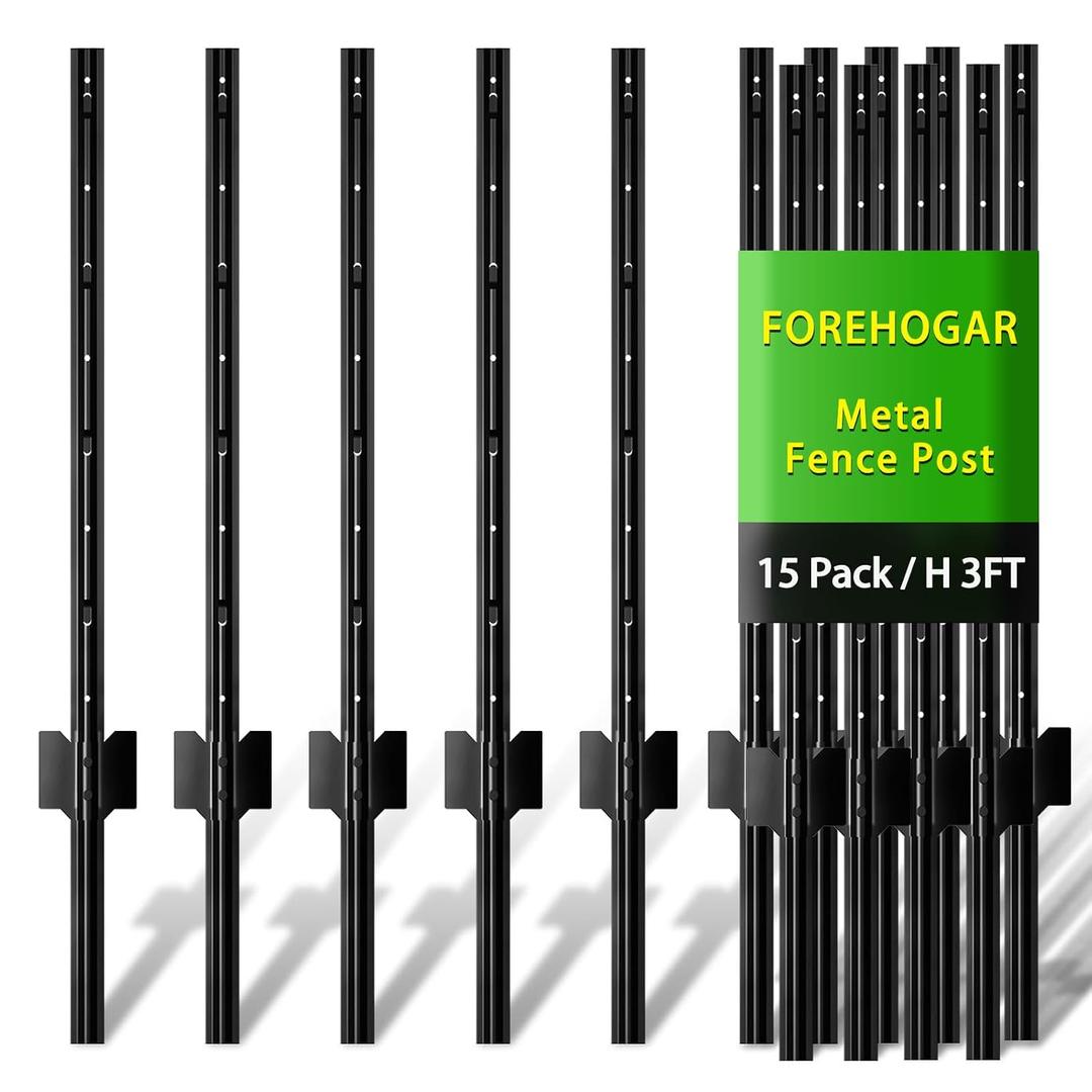 FOREHOGAR Metal Fence Post 3 Feet Black, Pack of 15, T Posts for Wire Fence, No Dig Steel U Posts Fencing for Lawn Garden Wire Mesh Fence Poles Sign Outdoor Light Duty