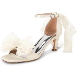 Coutgo Womens Bow Kitten Heels Sandals Square Open Toe Ankle Strap Satin Ribbon Wedding Dress Shoes (8.5, Champagne)