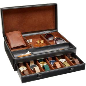 Juvale Mens Jewelry Box Organizer and Holder - Black Watch Box with Leather Valet Tray for Home Improvement - 12.6 x 9 x 4 In