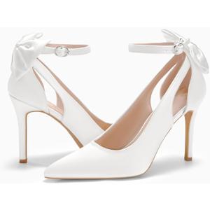 PiePieBuy Women's Pointed Toe High Heels Ankle Strap D'Orsay Pumps Shoes Bow Wedding Bowtie Back Dress Sandals (White) (8.5, White, Numeric_8_Point_5)