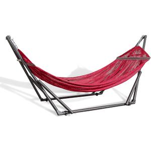 Best Home Fashion Hammock for 2 Persons with Collapsible Steel Stand 600 lbs Capacity- Portable Carrying Case, Adjustable, Perfect for Camping Beach Patio, EZ Daze Foldable Hammock with Stand- RED (Large)