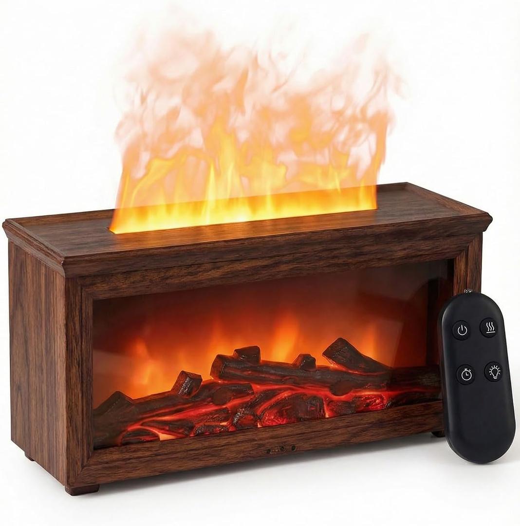 Essential Oil Diffuser, 7-Color Fireplace Fire Flame Aromatherapy Humidifier, 280ml Ultrasonic Aroma Diffuser Valentine's Day Gift with Time Sets and Remote Control for Bedroom Home Yoga Office (Walnut)