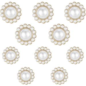 10 Pcs Pearl Buttons, Vintage Faux Pearl Button with Shank, Decorative Metal Rhinestone Buttons for Clothes, Dresses, Shirts, Sewing, DIY Crafts (White Gold 21 + 25 mm)