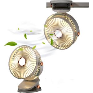 Desk Fan Clip On with Lights USB Rechargeable 2400mAh 5 Level Speed Air Flow Portable Personal Mini Fan 6inch Camping Home Travel Indoor Outdoor (White)
