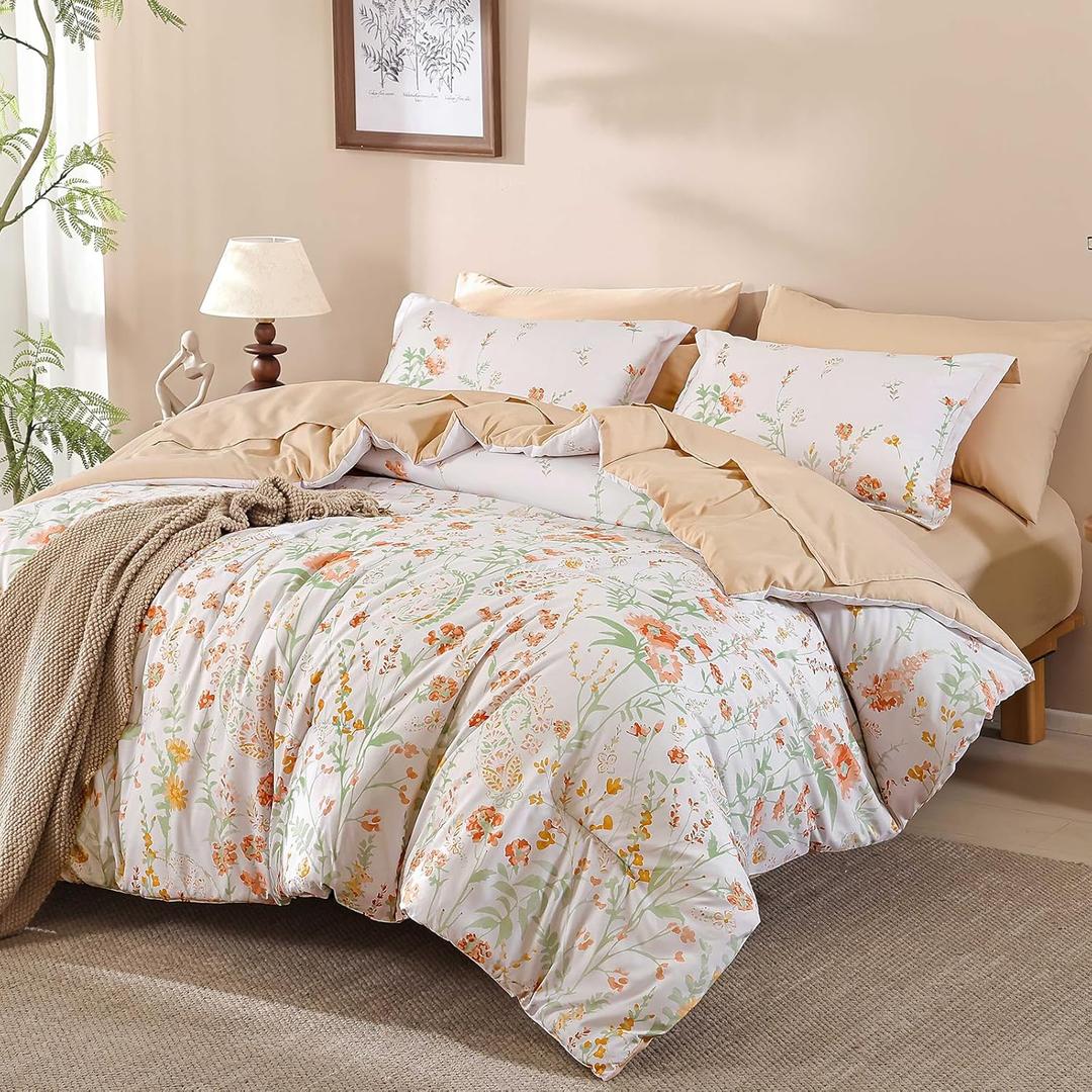 Yiran Coral Orange Watercolour Floral Comforter Set Queen Size, 7 Piece Cute Botanical Comforter Bedding Set, Bed in a Bag Queen, Soft Microfiber Complete Bedding Set with Sheets for All Season (Queen (90"x90"))