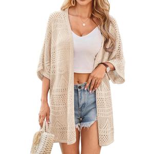 GRACE KARIN Beige Summer Cardigans for Women Lightweight Short Sleeve Crochet Knit Kimono Cardigan Vacation Outfits S