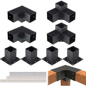 VEVOR Pergola Bracket Kit 4''x4''(Inner 3.6x3.6), 8pcs (4pcs 3-Way,4pcs Base) Corner Bracket Woodworks DIY Post Base Kit, Easy Installation Wooden Beams for Gazebos, Patio Pergolas, Log Cabin Outdoor