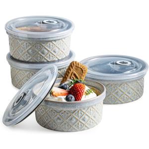 Ramekin Dish Set of 4, 12 oz Creme Brulee Ramekins with Lids, Ceramic Ramekins for Serving Dips, Lava Cake, Pudding, Souffle, Baking Bowls Set Dishwasher and Oven Safe, Gray
