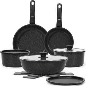 SODAY 15Pcs Pots and Pans Set Non Stick, Cookware Sets with Detachable Handle, Nonstick RV Kitchen Cooking Tools Removable Handles, Oven Safe, Induction Fast, Stackable Induction Cookware, Black
