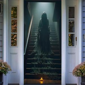 Halloween Door Backdrop Banner Stair Death Creepy Devil Go Crazy Terror Theme Scary Halloween Party Decoration Supplies for Women Men 80x35 Inch