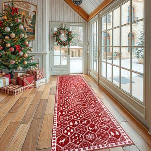 Seavish Christmas Runner Rug, 2x8 Hallway Runner Rug, Red Kitchen Runner Rugs Non Skid Washable, Long Entryway Accent Rug, Modern Holiday Decor Floor Carpet Rugs for Bedroom Bathroom Living Room (Xmas Geometric Red)