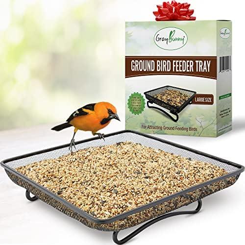Gray Bunny Bird & Squirrel Feeder Tray 11x11 Inches, Cardinal, Blue Jay, Crow, Wild Large Bird Feeders for Outdoors, Outside Free Standing Metal Hopper Bowl Feeding Platform