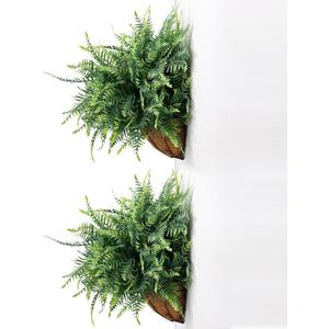 QIANYUN Faux Boston Fern with Hanging Basket  18in Fake Hanging Fern, Lifelike Artificial Plants for Outdoors, Wall-Mount Dcor for Porch, Patio, Balcony, or Garden (2, Green)