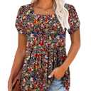Baby Doll Tops for Women Bohemian Square Neck Petal Short Sleeve Versatile Tshirt Slim Soft Floral Printed Boho Flowy Folds Tunic Blouse S