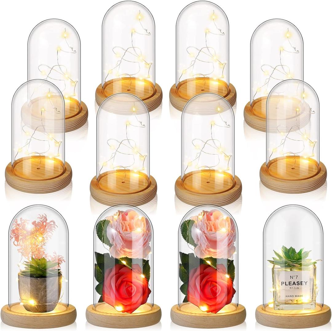 Roowest 12 Pcs Plastic Cloche Dome with Rustic Wood Base and LED Light Plastic Dome Display Case Jar for Wedding Rose Tabletop Centerpiece Decoration (6.5 x 3.7 Inch)
